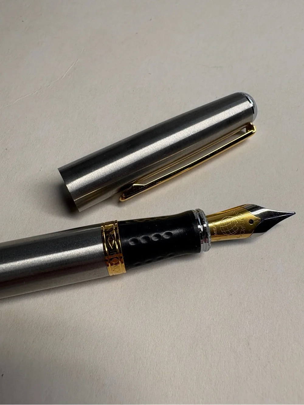 Vintage Inoxcrom Fountain Pen Silver Tone Gold Tone Trim Black Grip Spain
